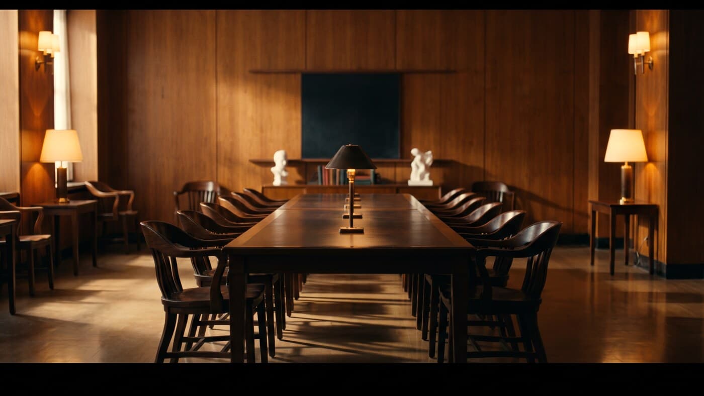Sala de Mesa del club: mesa larga de madera, sillas de respaldo curvo y lámparas de latón